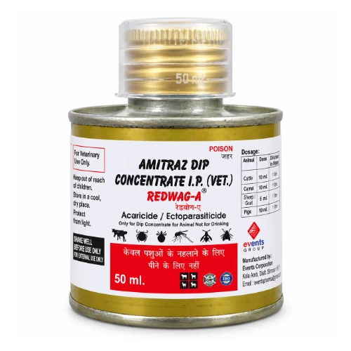 REDWAG-A: REDWAG-A is a veterinary acaricide and ectoparasiticide containing Amitraz 12.5% w/v. It is formulated as a dip concentrate for the control of external parasites in animals. For dip use only; not for drinking., a product by Events Pharmaceuticals Pvt. Ltd.