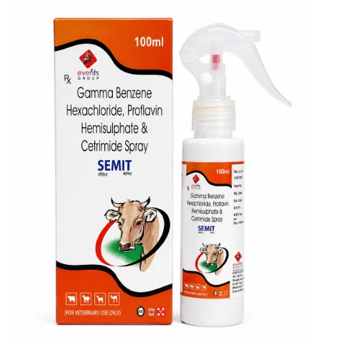 SEMIT Spray: SEMIT is a veterinary topical spray formulation containing Gamma Benzene Hexachloride, Proflavin Hemisulphate and Cetrimide. It is intended for external application in animals as directed by a qualified veterinarian., a product by Events Pharmaceuticals Pvt. Ltd.