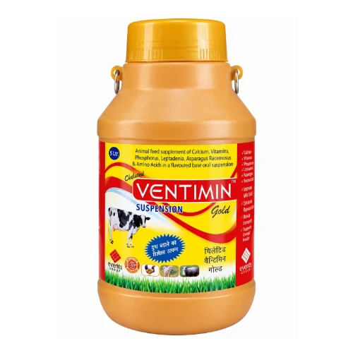 VENTIMIN Suspension Gold: A flavoured oral suspension enriched with calcium, vitamins, phosphorus, amino acids and herbal ingredients to support overall animal health, nutrition and productivity., a product by Events Pharmaceuticals Pvt. Ltd.
